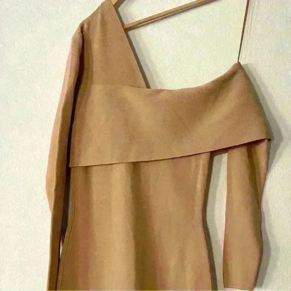 Reiss Ella Dress One Shoulder Long Sleeve BodyCon Knit Camel Midi Academia Sexy - Picture 6 of 12